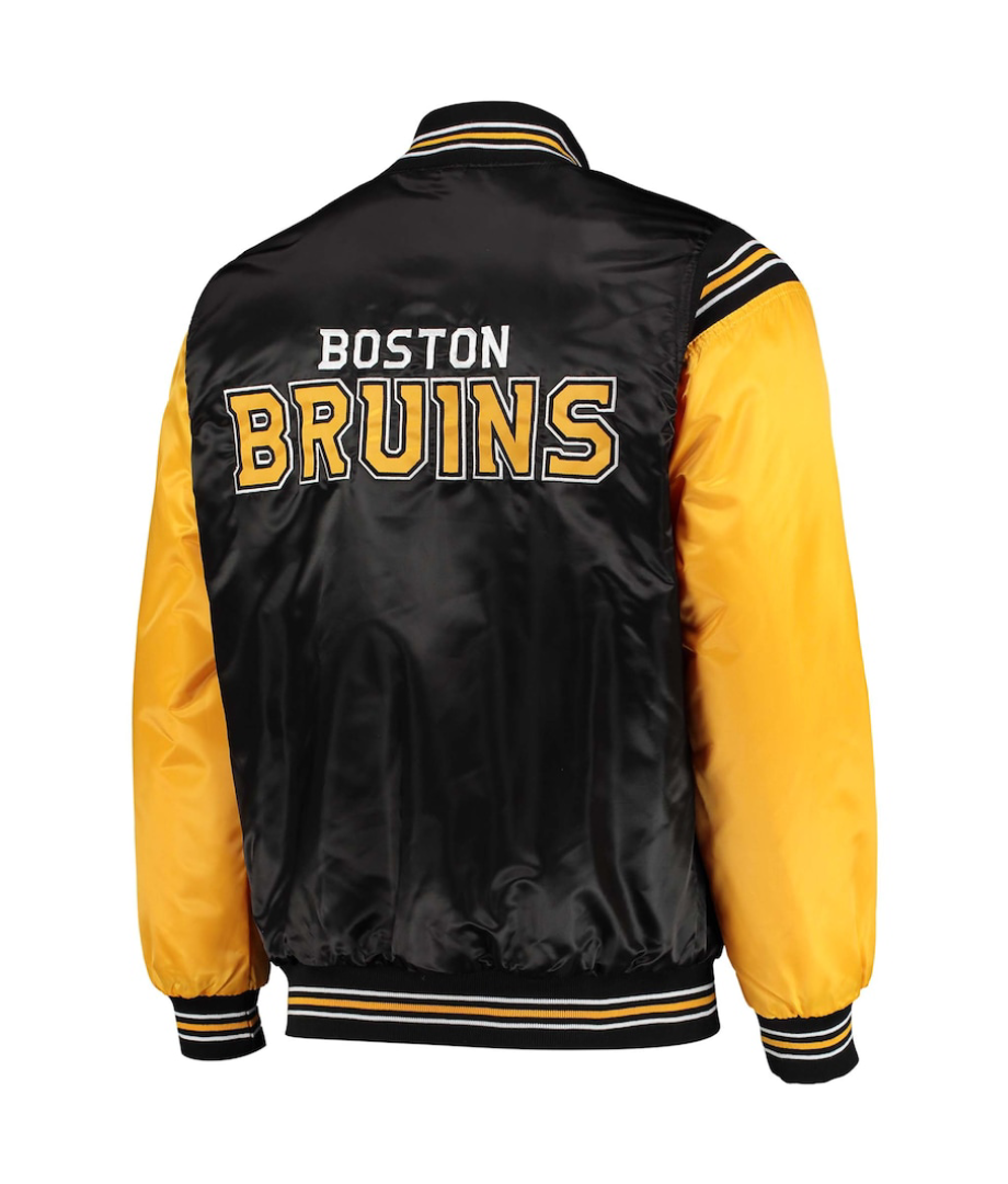 Boston Bruins The Enforcer Black & Yellow Satin Varsity Jacket - Image 2