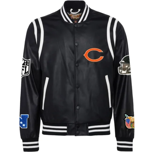 Chicago Bears Black Vegan Full-Snap Full Leather  Varsity Jacket
