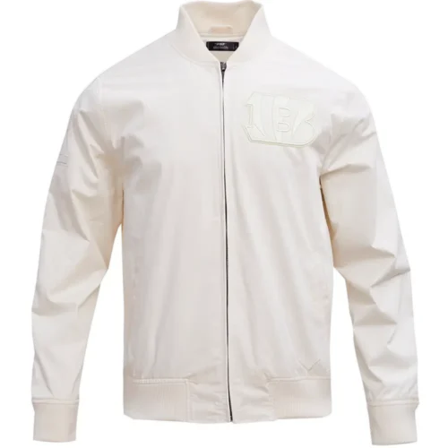 Cincinnati Bengals Neutral Zipper Satin Cream Varsity Jacket