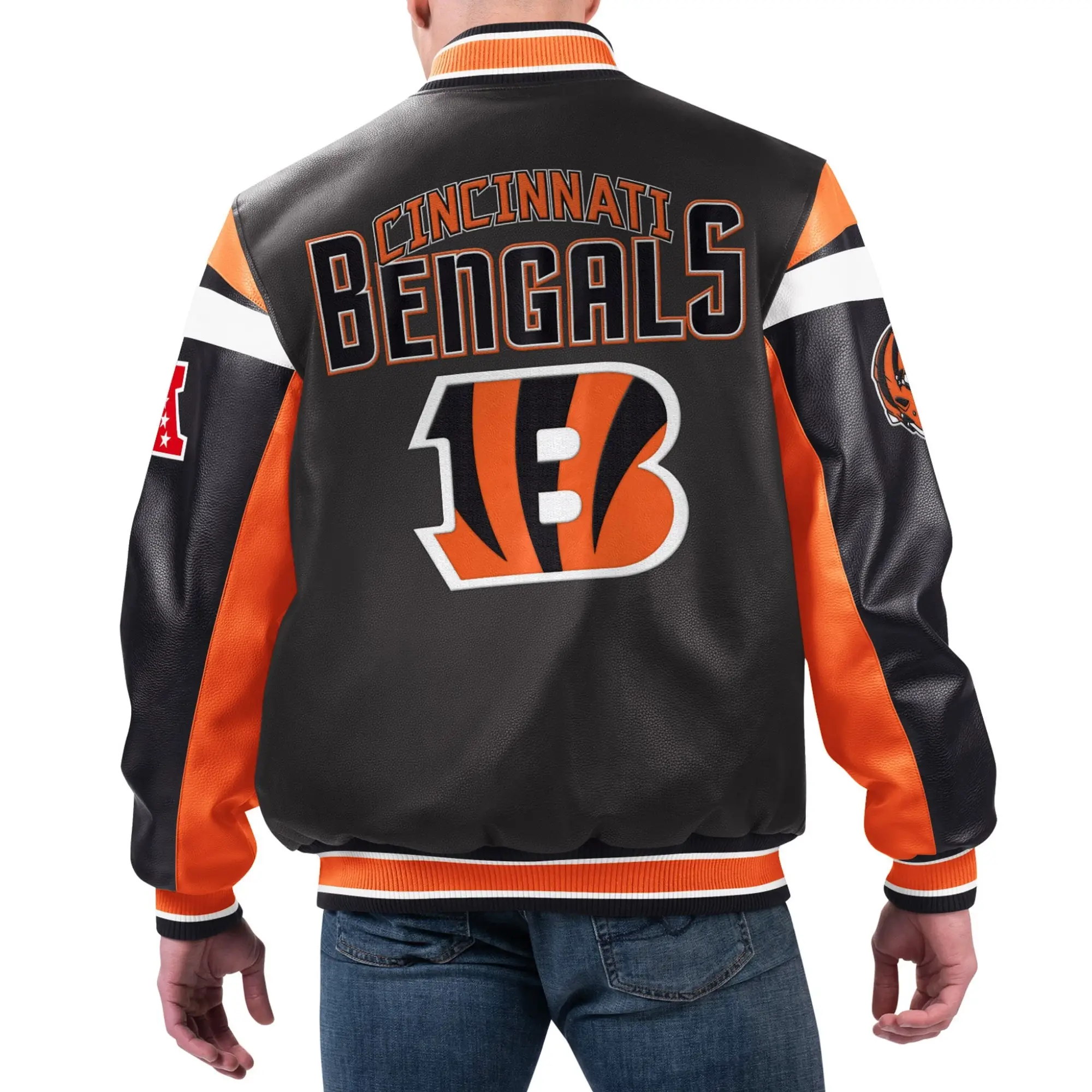Cincinnati Bengals Full-Zip Leather Black Varsity Jacket - Image 2