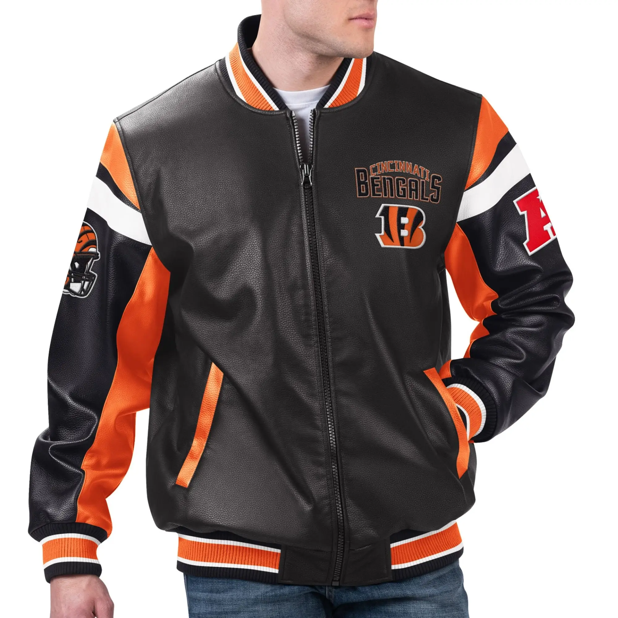 Cincinnati Bengals Full-Zip Leather Black Varsity Jacket