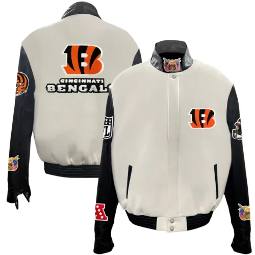 Cincinnati Bengals Off-White Wool & Leather Varsity Jacket - Image 3