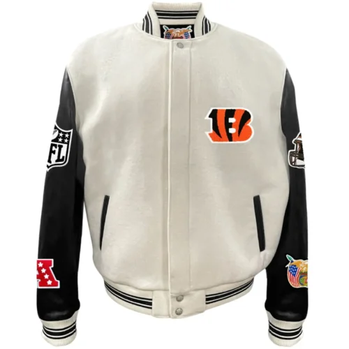 Cincinnati Bengals Off-White Wool & Leather Full-Snap Varsity Jacket