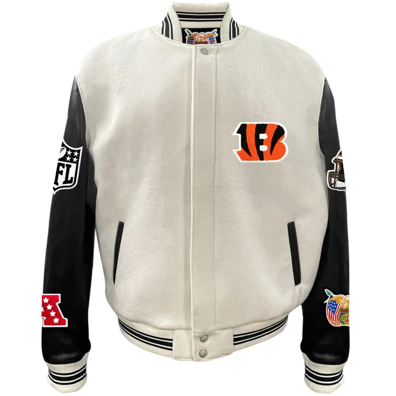 Cincinnati Bengals Off-White Wool & Leather Full-Snap Varsity Jacket