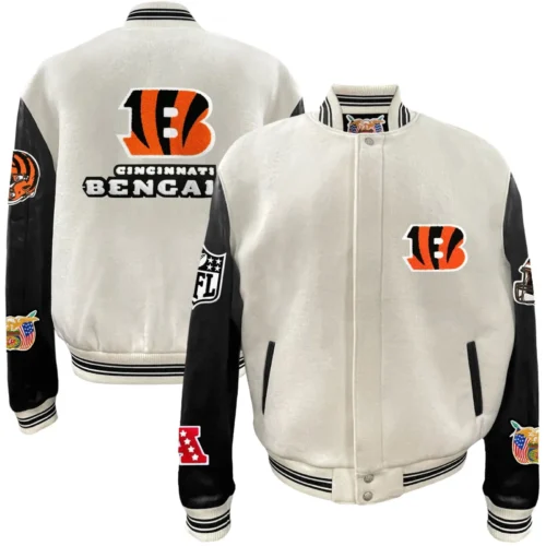 Cincinnati Bengals Off-White Wool & Leather Full-Snap Varsity Jacket - Image 3