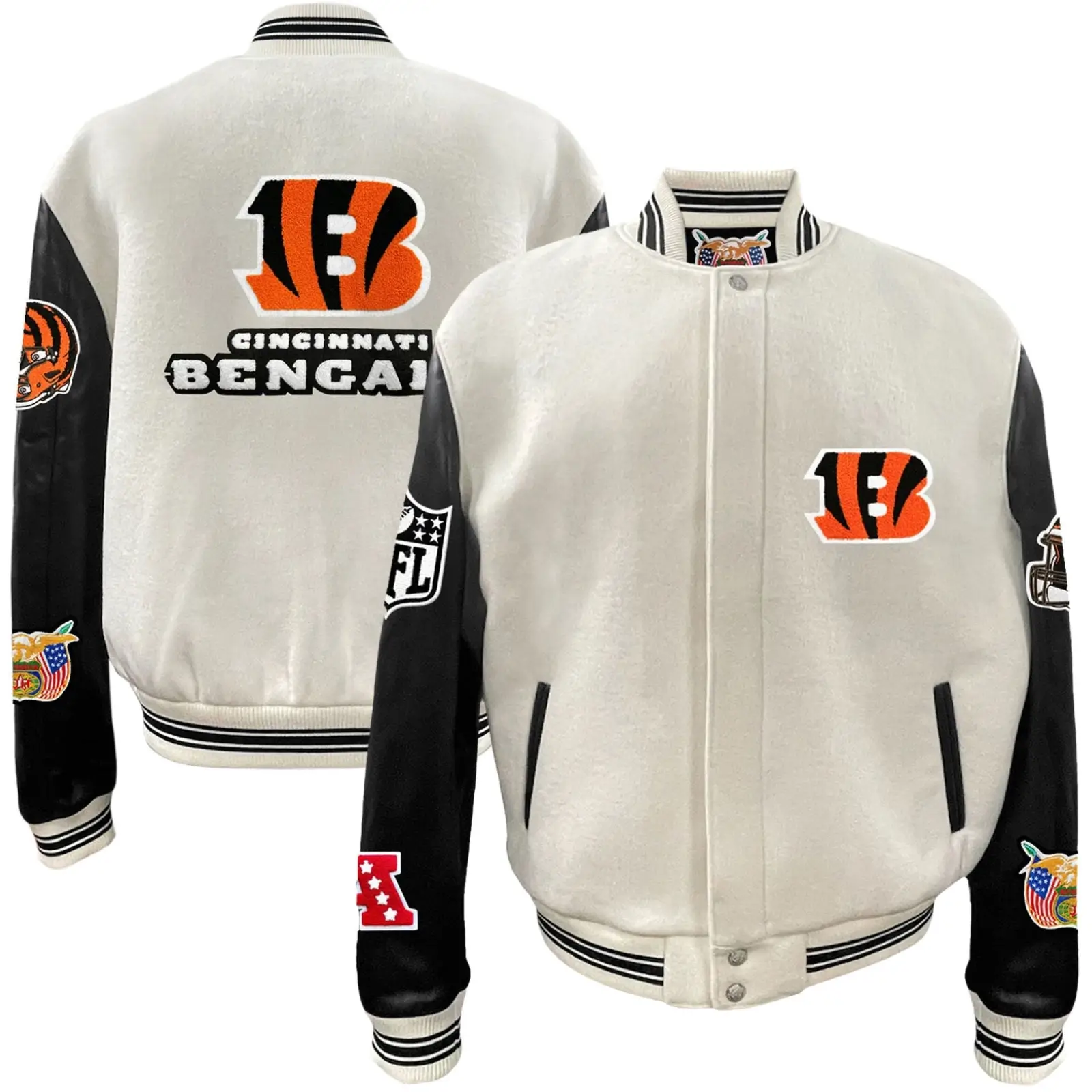Cincinnati Bengals Off-White Wool & Leather Full-Snap Varsity Jacket - Image 3
