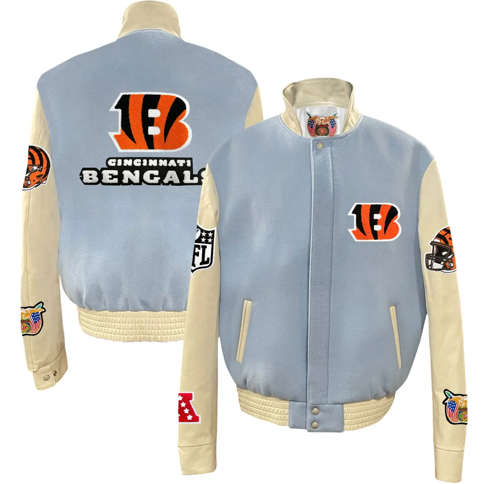 Cincinnati Bengals Baby Blue Wool & Leather Varsity Jacket - Image 3