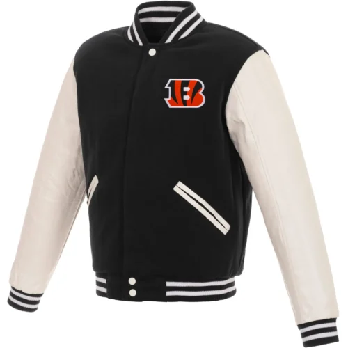 Cincinnati Bengals Two Tone Wool & Faux Leather Black/White Varsity Jacket