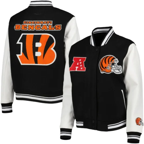 Cincinnati Bengals Mash Up Wool & Leather Black/White Varsity Jacket - Image 3