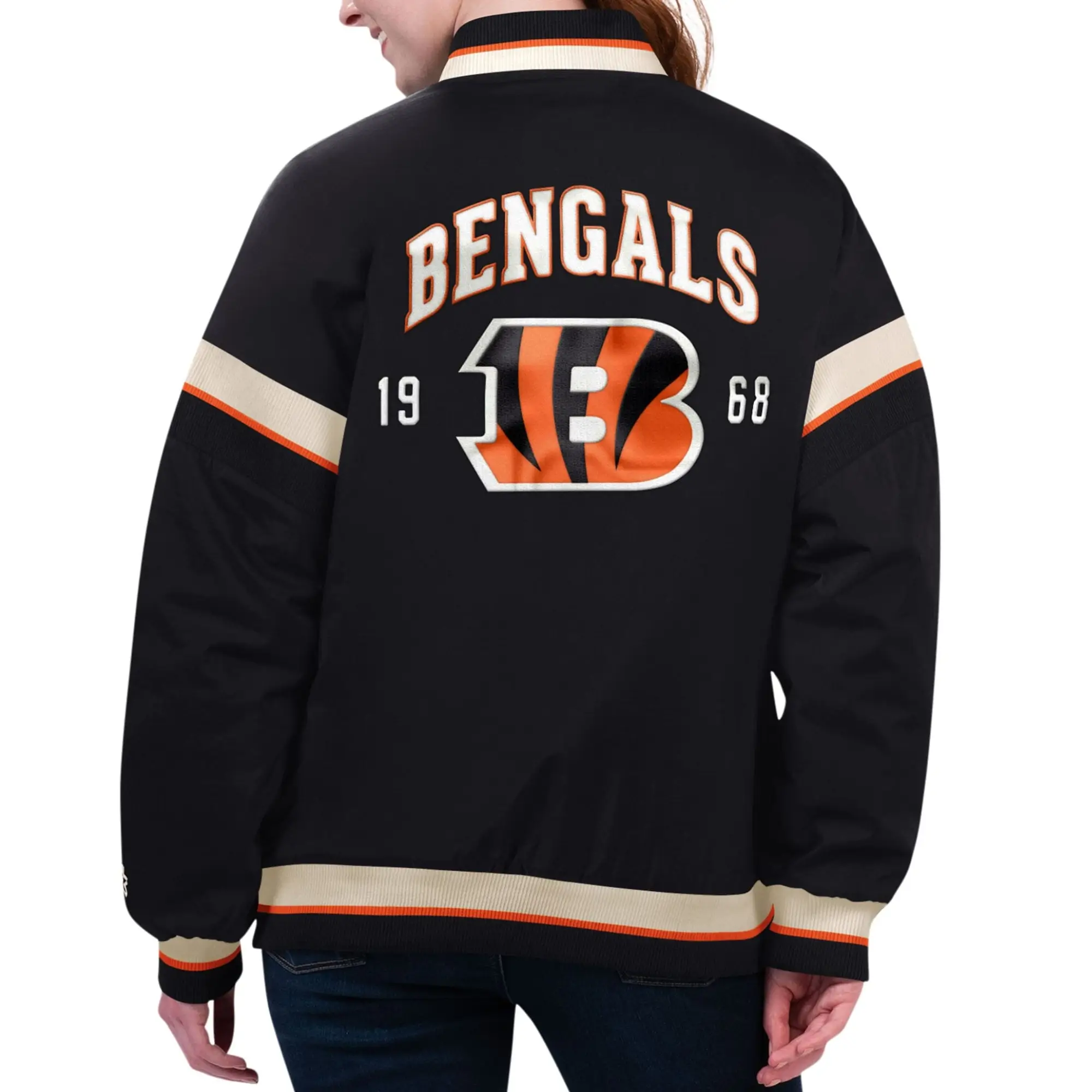 Women’s Cincinnati Bengals Tournament Black Satin Varsity Jacket - Image 2