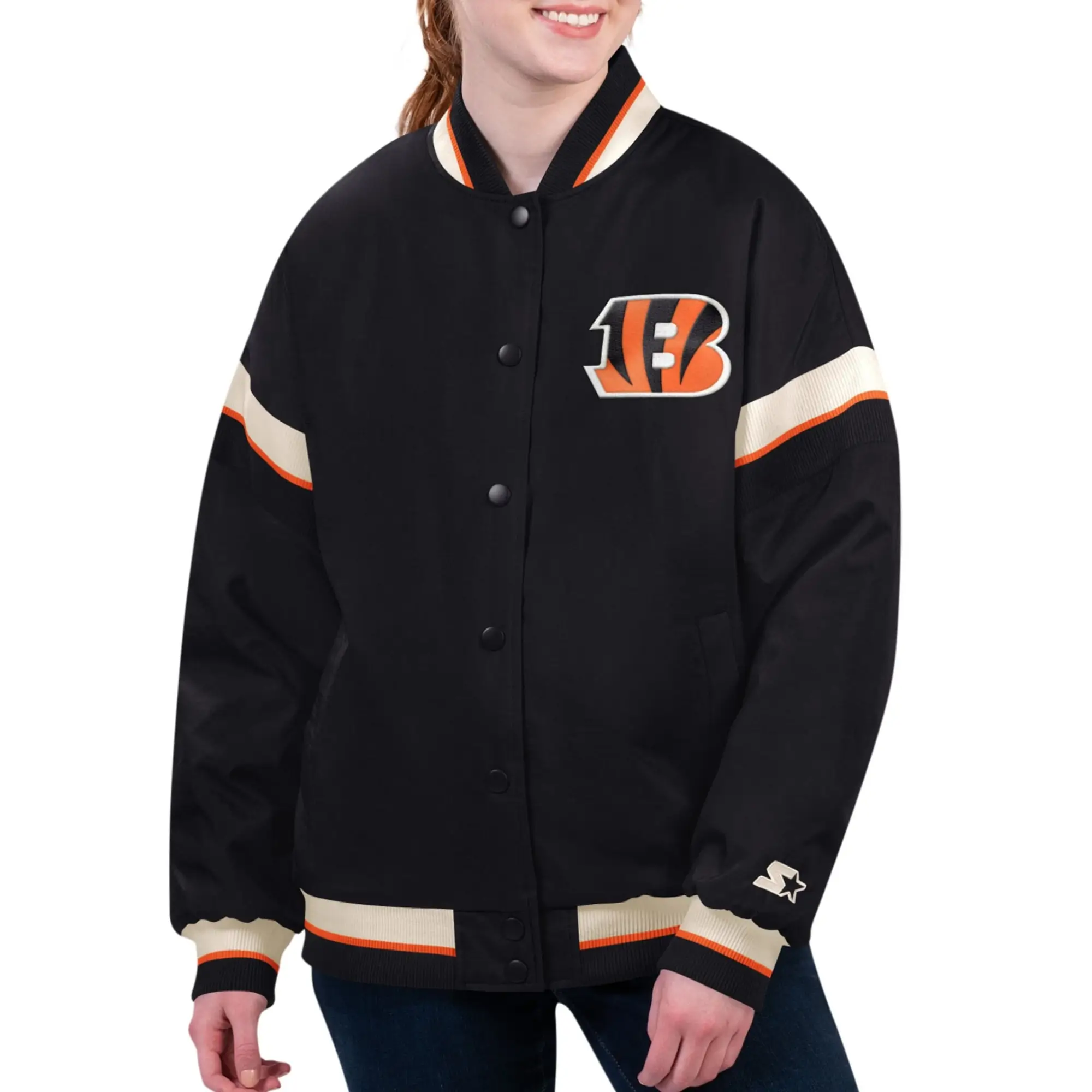 Women’s Cincinnati Bengals Tournament Black Satin Varsity Jacket