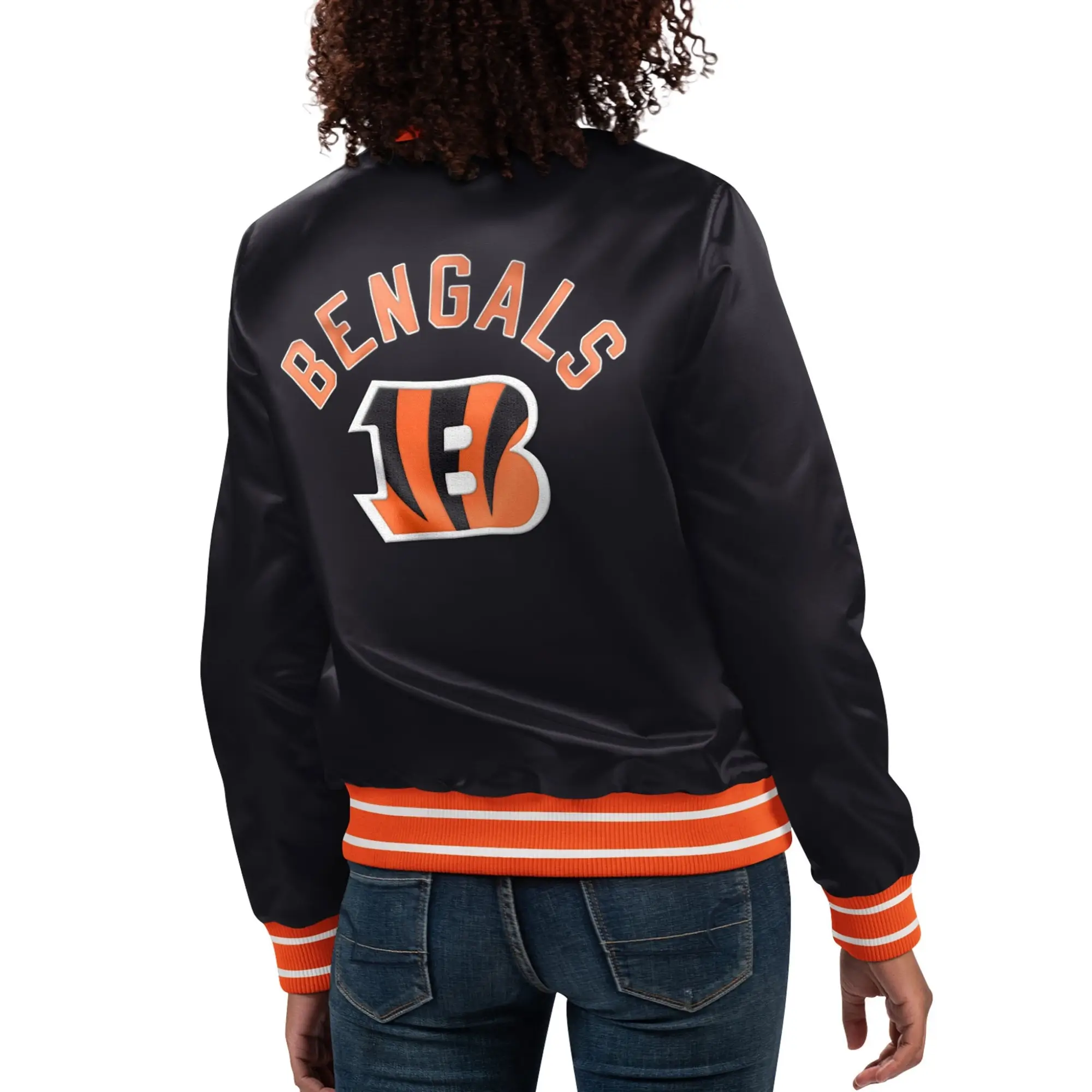 Cincinnati Bengals Women's Full Count Satin Varsity Navy Jacket - Image 2