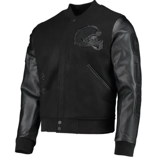 Cleveland Browns Triple Black Wool & Leather Varsity Jacket - Black