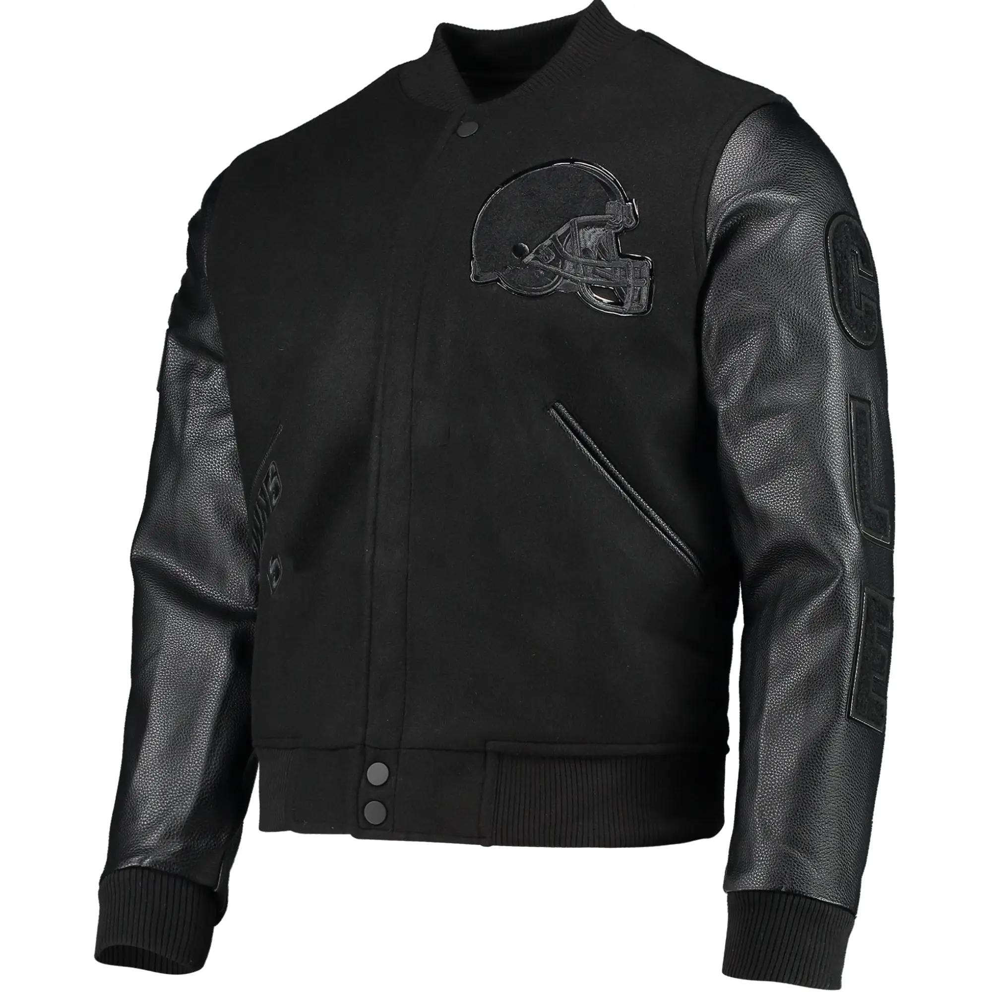 Cleveland Browns Triple Black Wool & Leather Varsity Jacket - Black
