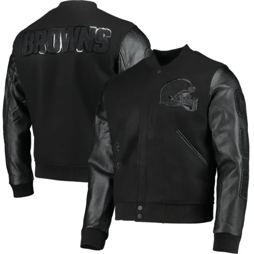 Cleveland Browns Triple Black Wool & Leather Varsity Jacket - Black - Image 3