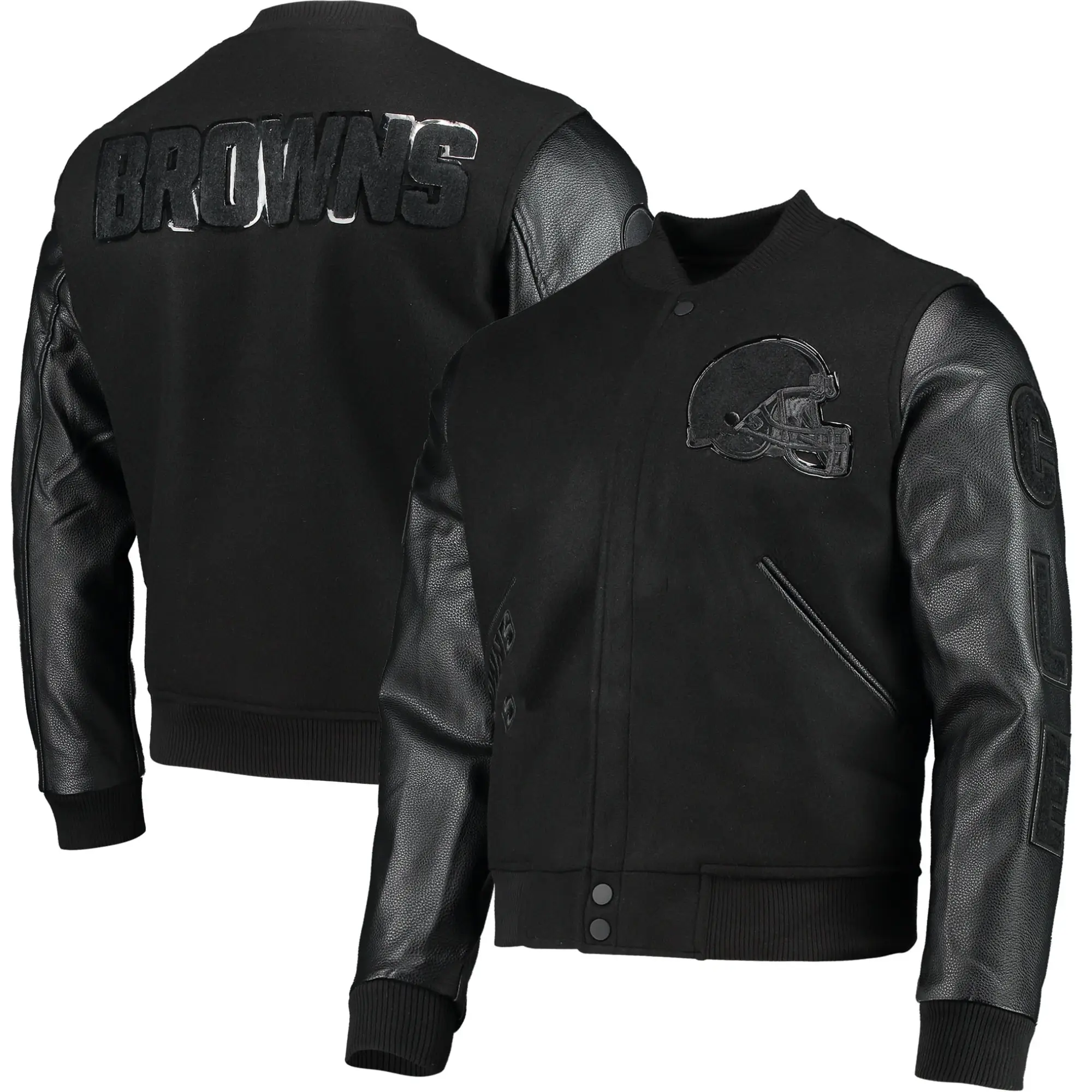 Cleveland Browns Triple Black Wool & Leather Varsity Jacket - Black - Image 3