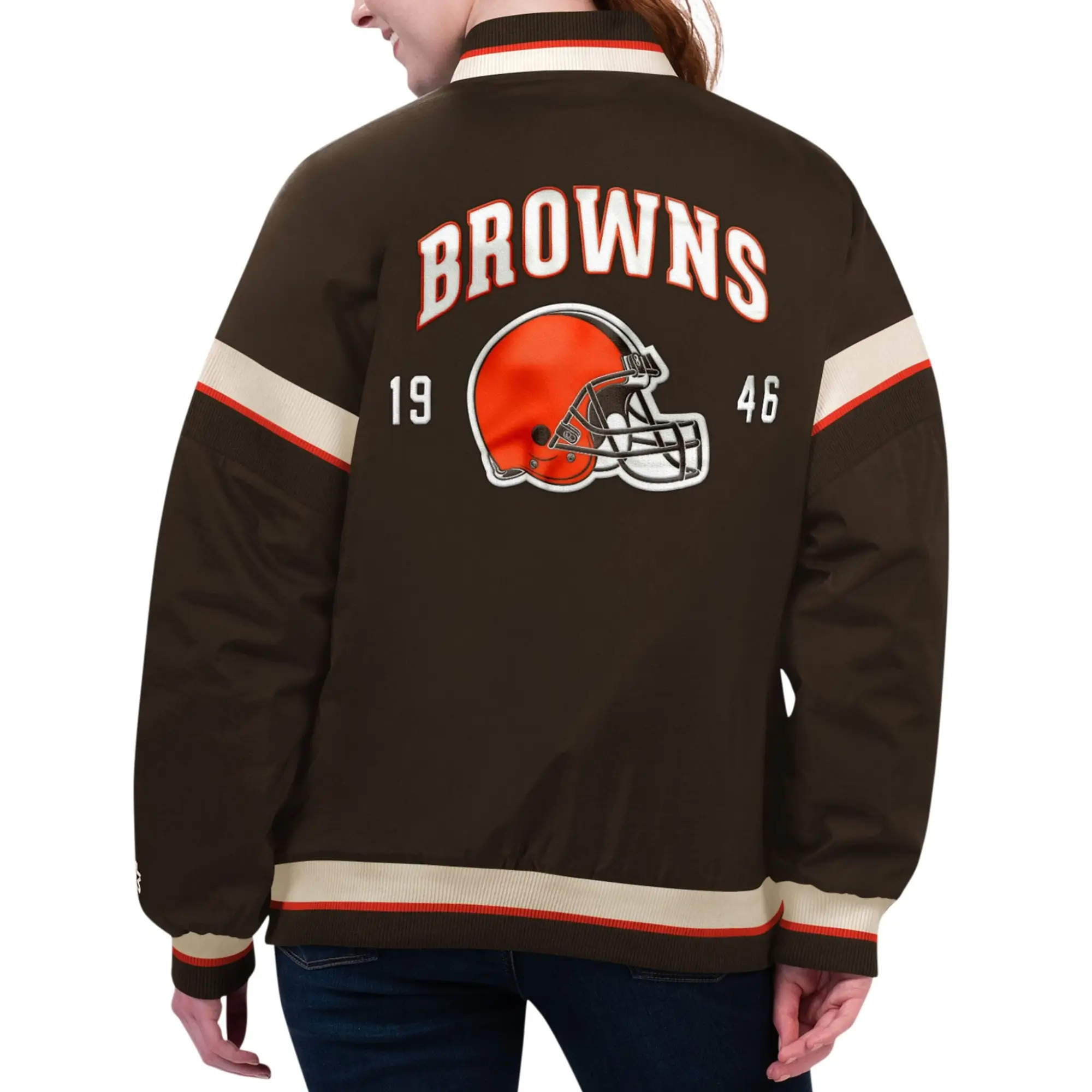 Women’s Cleveland Browns Tournament Brown Satin Varsity Jacket - Image 2