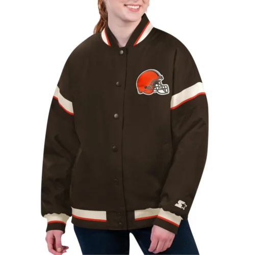 Women’s Cleveland Browns Tournament Brown Satin Varsity Jacket