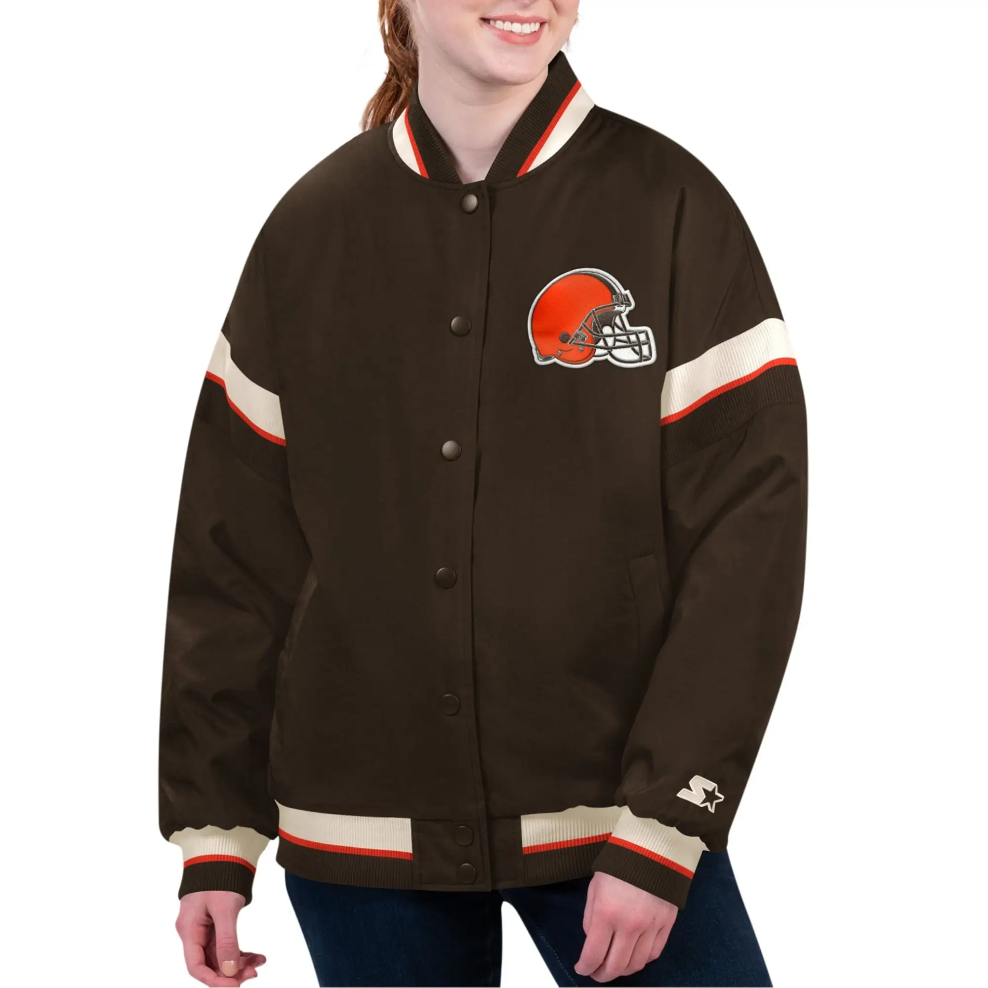 Women’s Cleveland Browns Tournament Brown Satin Varsity Jacket