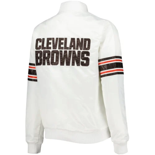 Alternative view of Cleveland Browns Women's White Line Up Full-Snap Satin White Varsity Jacket