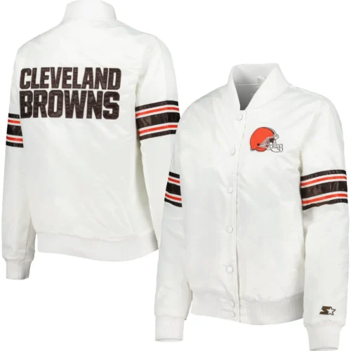 Cleveland Browns Women's White Line Up Full-Snap Satin White Varsity Jacket - Image 3