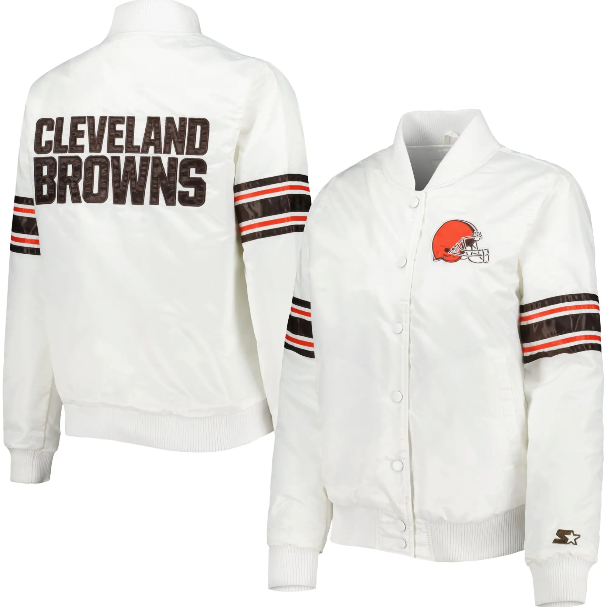 Cleveland Browns Women's White Line Up Full-Snap Satin White Varsity Jacket - Image 3