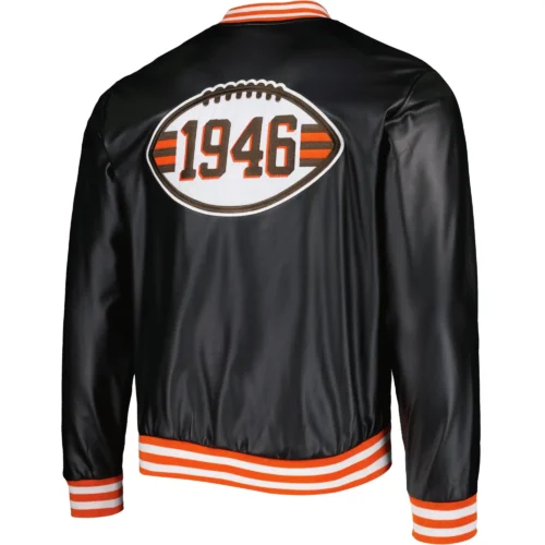 Alternative view of Cleveland Browns Metallic Bomber Full-Snap Black Leather Jacket