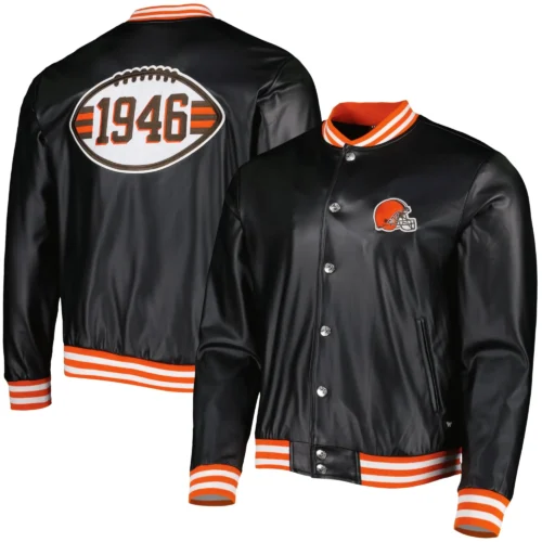 Cleveland Browns Metallic Bomber Full-Snap Black Leather Jacket - Image 3