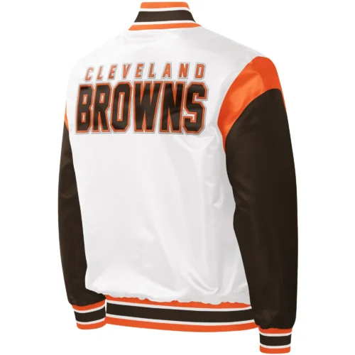 Alternative view of Cleveland Browns Throwback Warm Up Pitch Satin White/Black Varsity Jacket