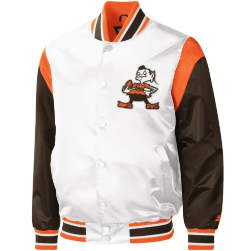 Cleveland Browns Throwback Warm Up Pitch Satin White/Black Varsity Jacket