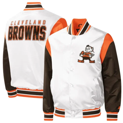 Cleveland Browns Throwback Warm Up Pitch Satin White/Black Varsity Jacket - Image 3