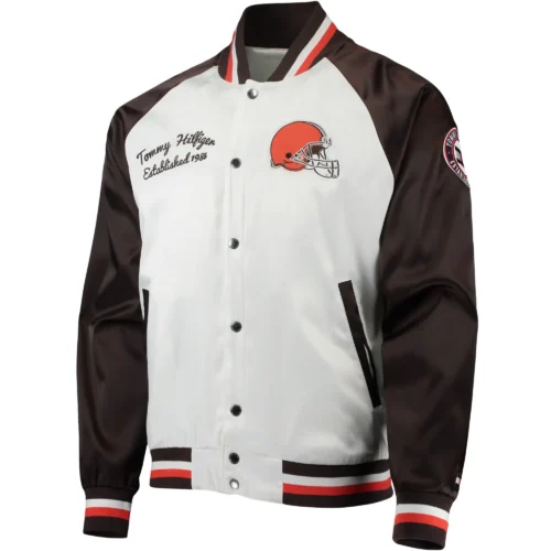 Cleveland Browns The Varsity Raglan Satin White & Brown Varsity Jacket