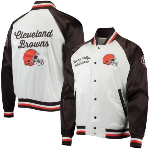 Cleveland Browns The Varsity Raglan Satin White & Brown Varsity Jacket - Image 3