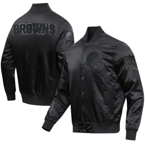 Cleveland Browns Triple Black Full-Snap Satin Varsity Jacket - Black - Image 3