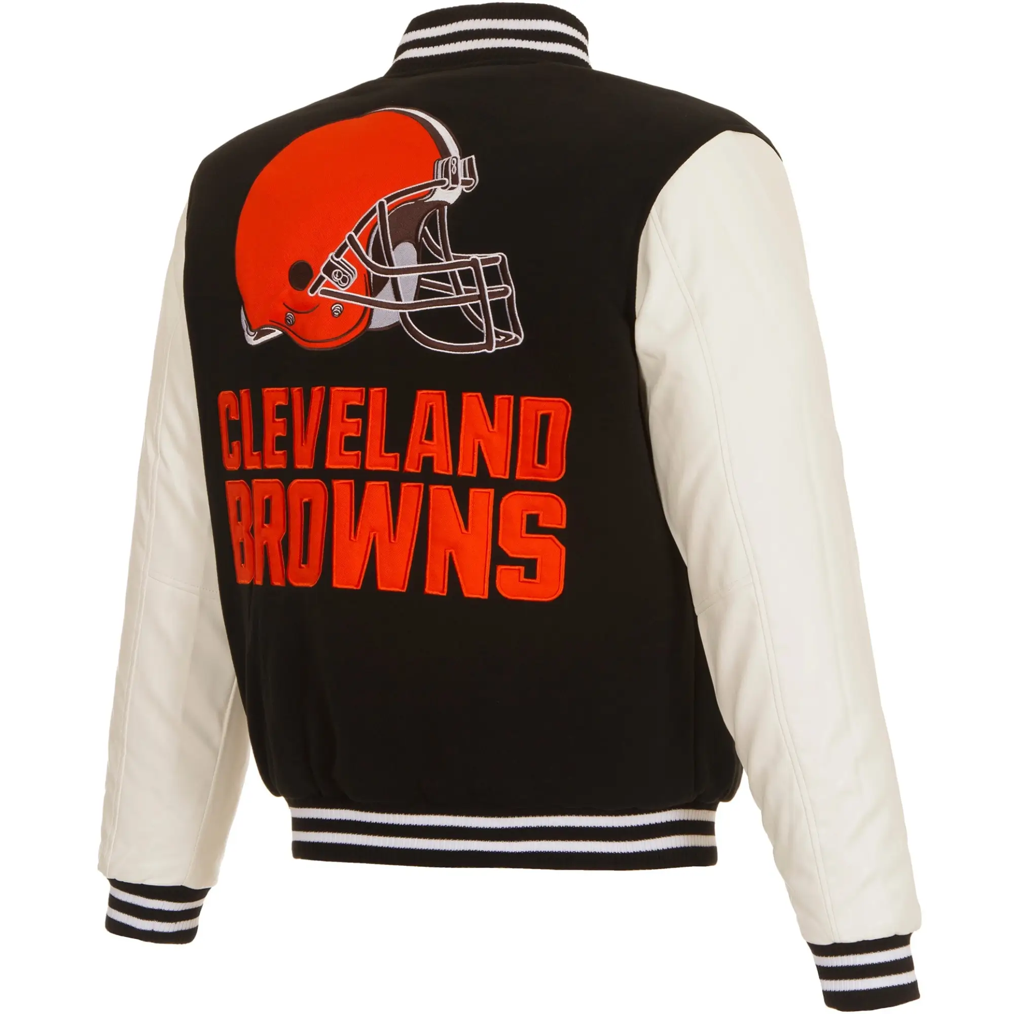 Cleveland Browns Two Tone Wool & Leather Black & White Varsity Jacket - Image 2