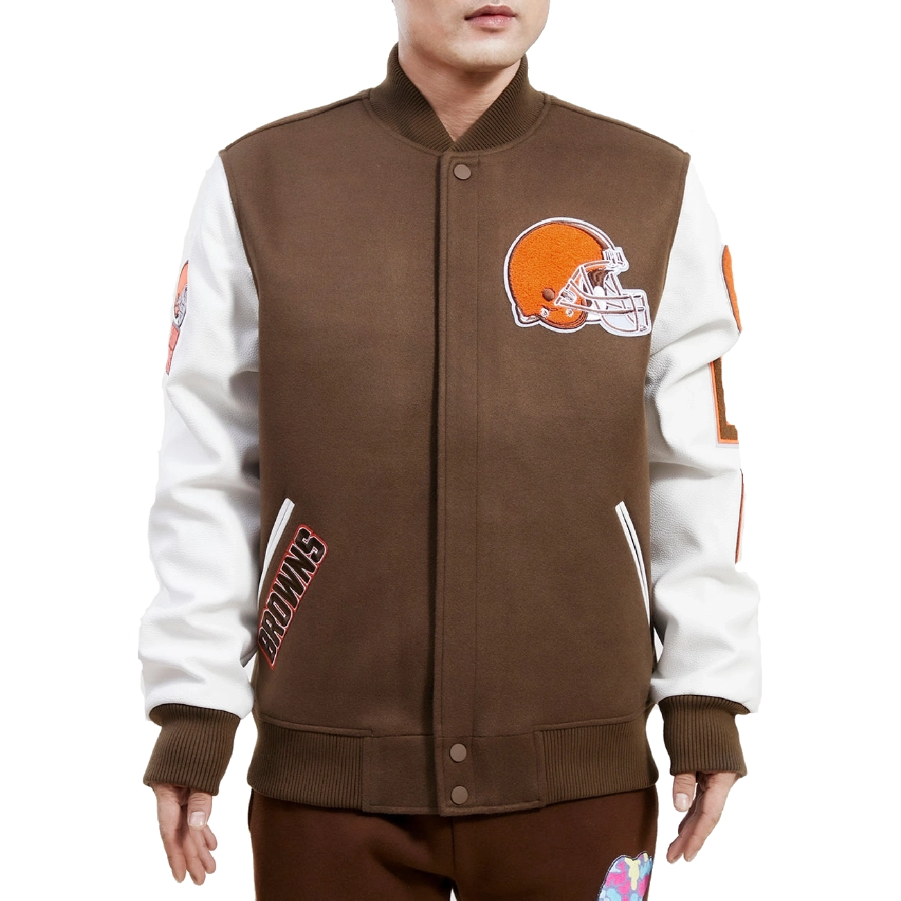 Cleveland Browns Classic Wool & Leather Brown & White Varsity Jacket