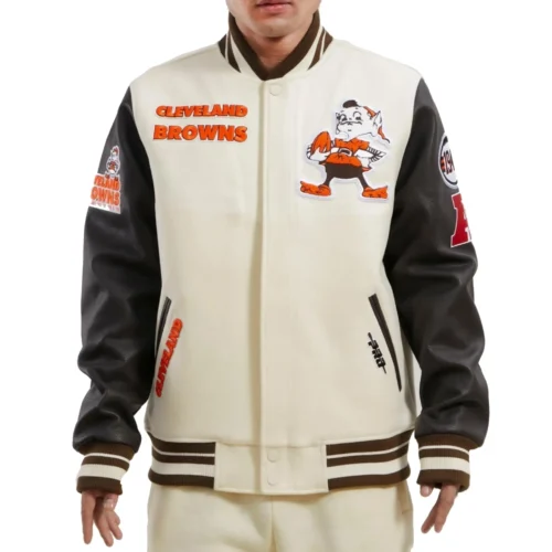 Cleveland Browns Retro Classic Wool & Leather Cream & Black Varsity Jacket