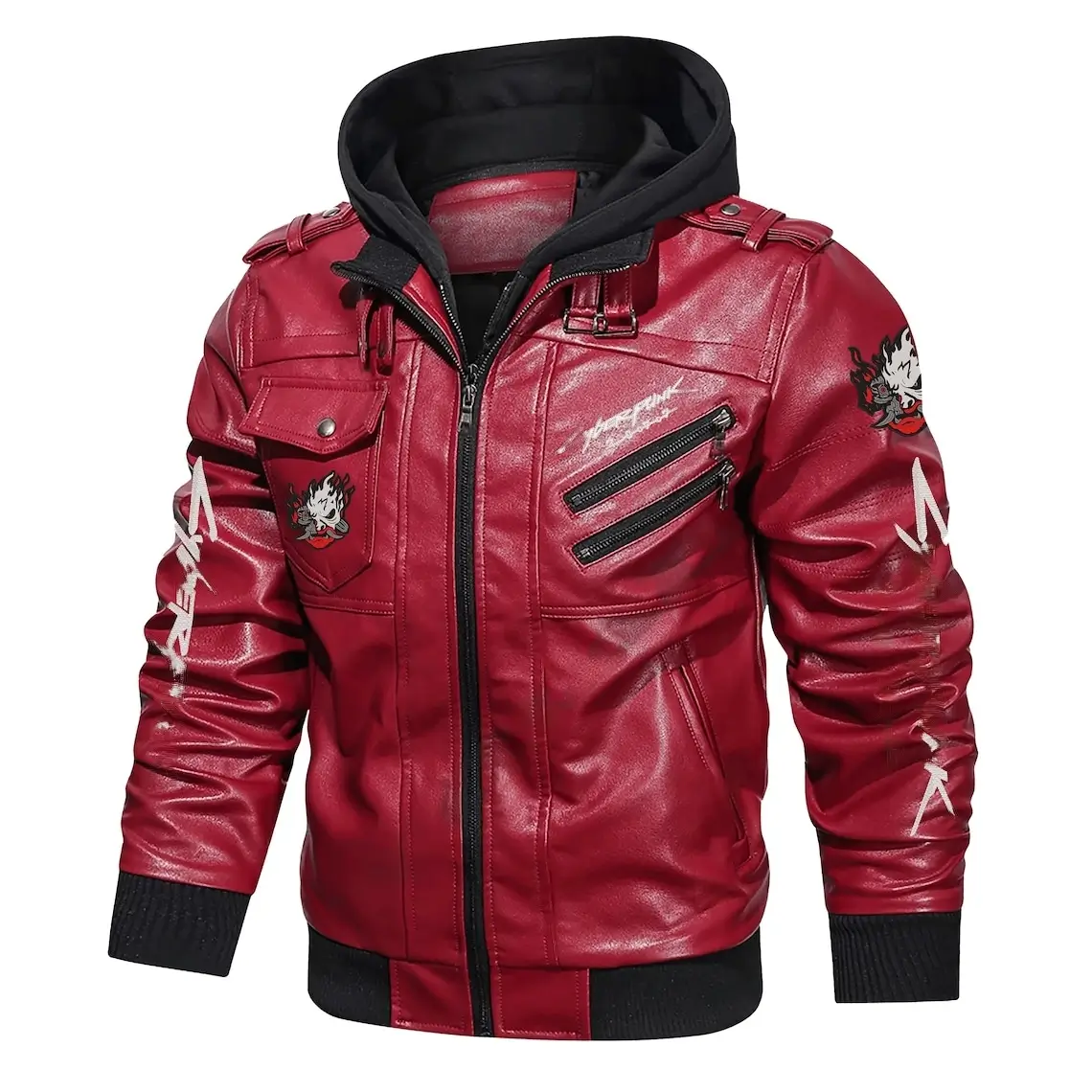 Cyberpunk 2077 Premium Hooded Samurai Gaming Red Leather Jacket