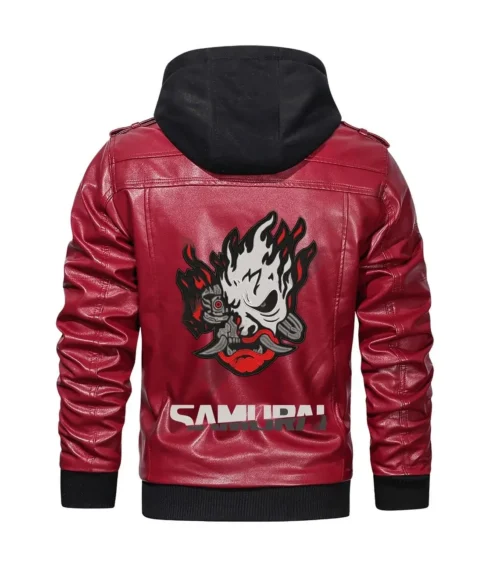 Alternative view of Cyberpunk 2077 Premium Hooded Samurai Gaming Red Leather Jacket