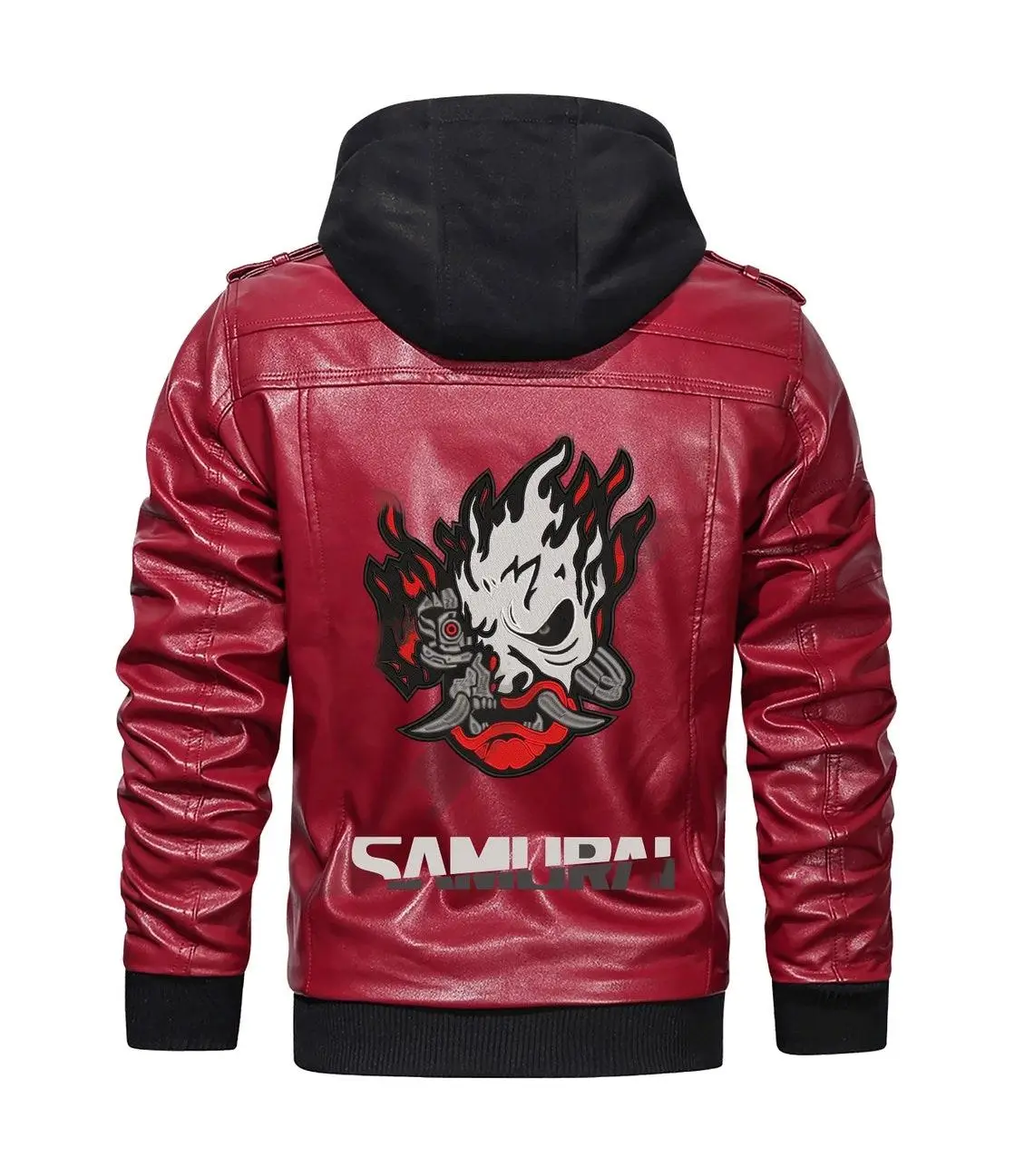 Cyberpunk 2077 Premium Hooded Samurai Gaming Red Leather Jacket - Image 2