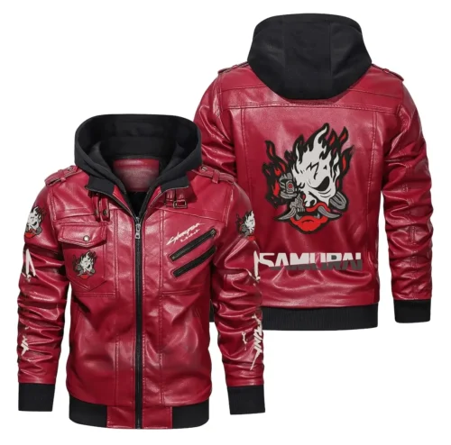 Cyberpunk 2077 Premium Hooded Samurai Gaming Red Leather Jacket - Image 3