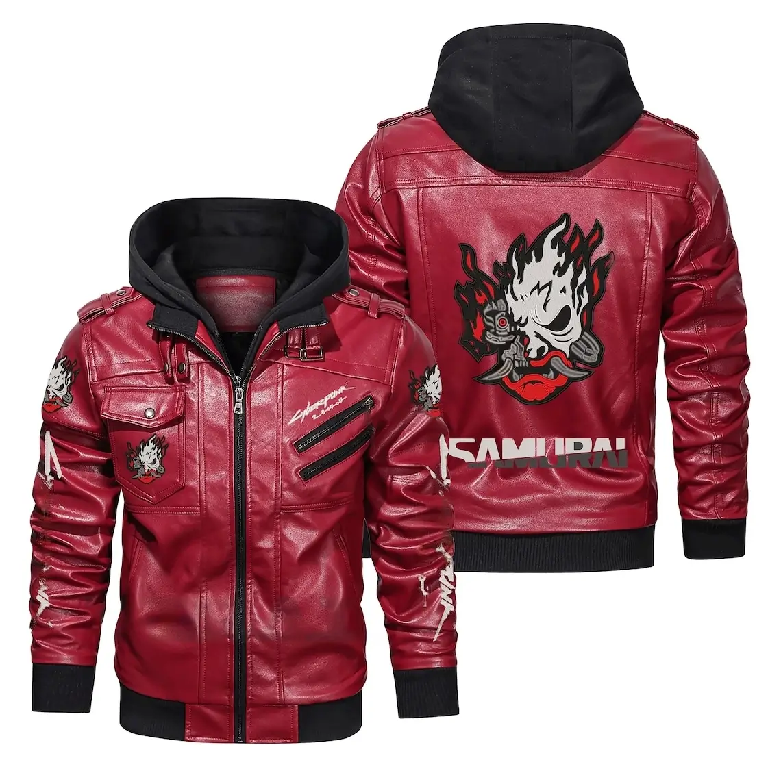 Cyberpunk 2077 Premium Hooded Samurai Gaming Red Leather Jacket - Image 3