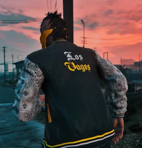 GTA-VI Vagos Jacket for MP Male Black & White Varsity Jacket - Image 3
