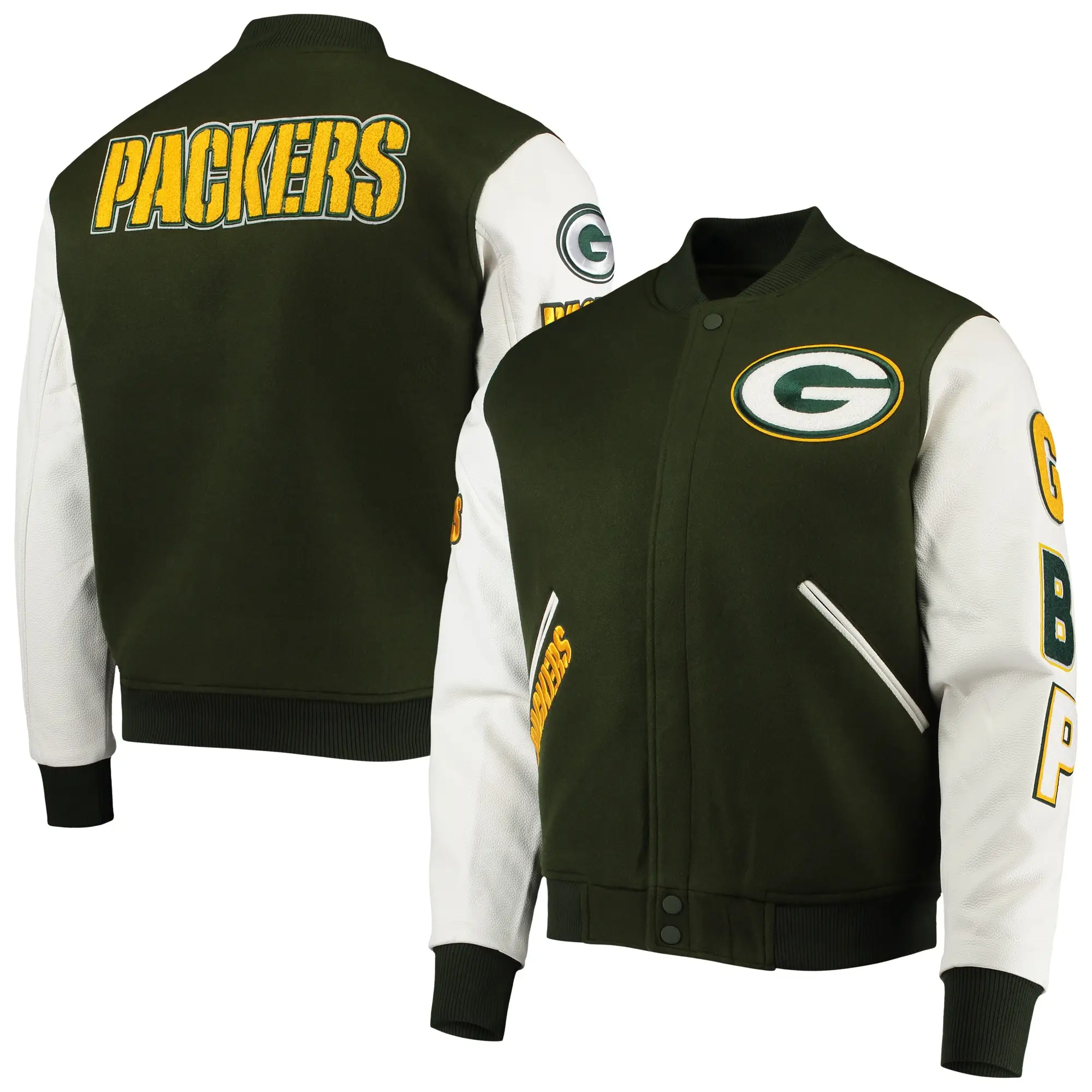 Green Bay Packers Classic Green & White Varsity Jacket - Image 4