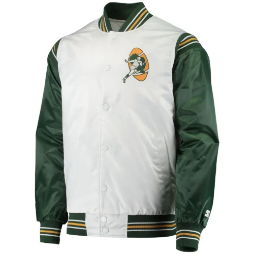 Green Bay Packers The Enforcer Satin White/Green Varsity Jacket