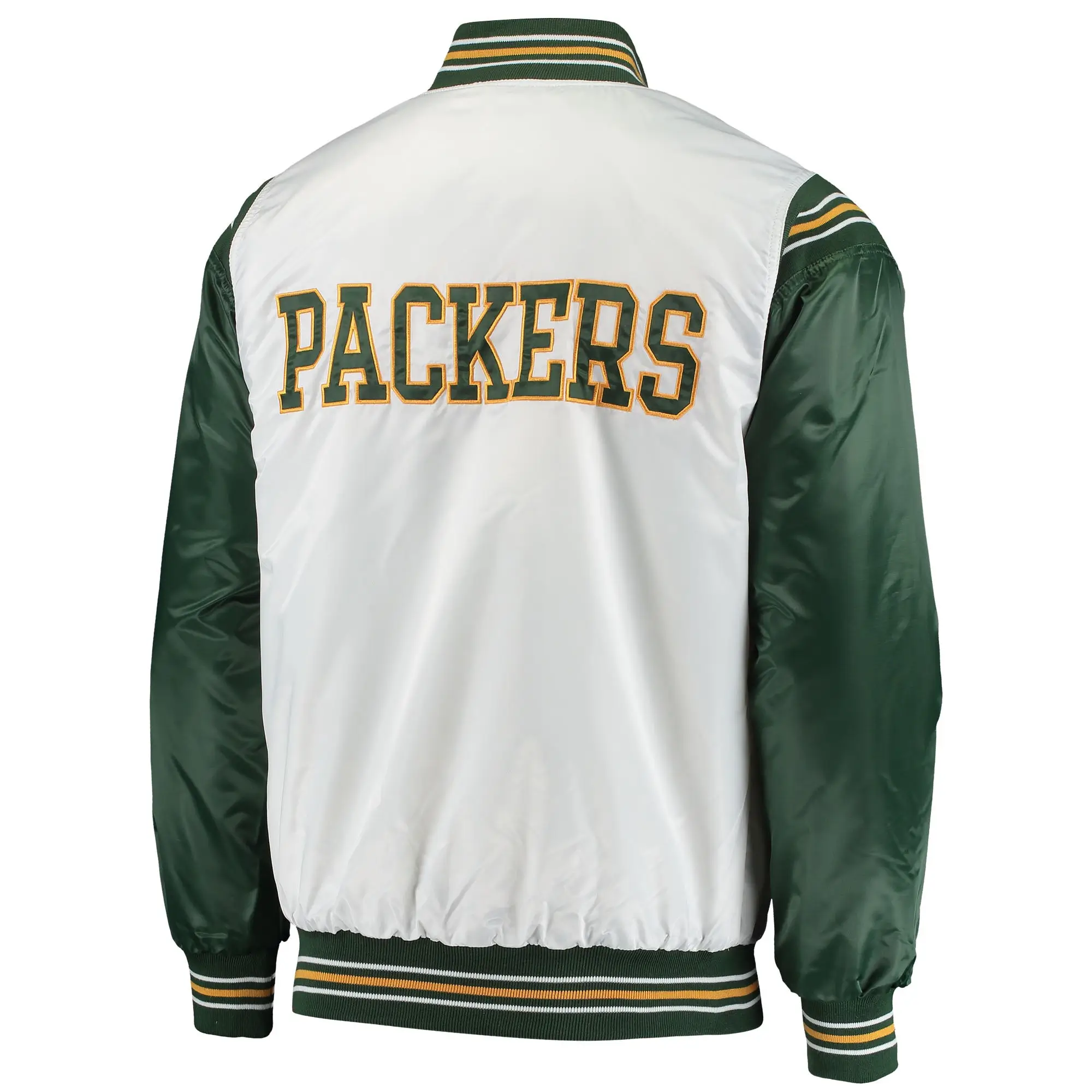 Green Bay Packers The Enforcer Satin White/Green Varsity Jacket - Image 2