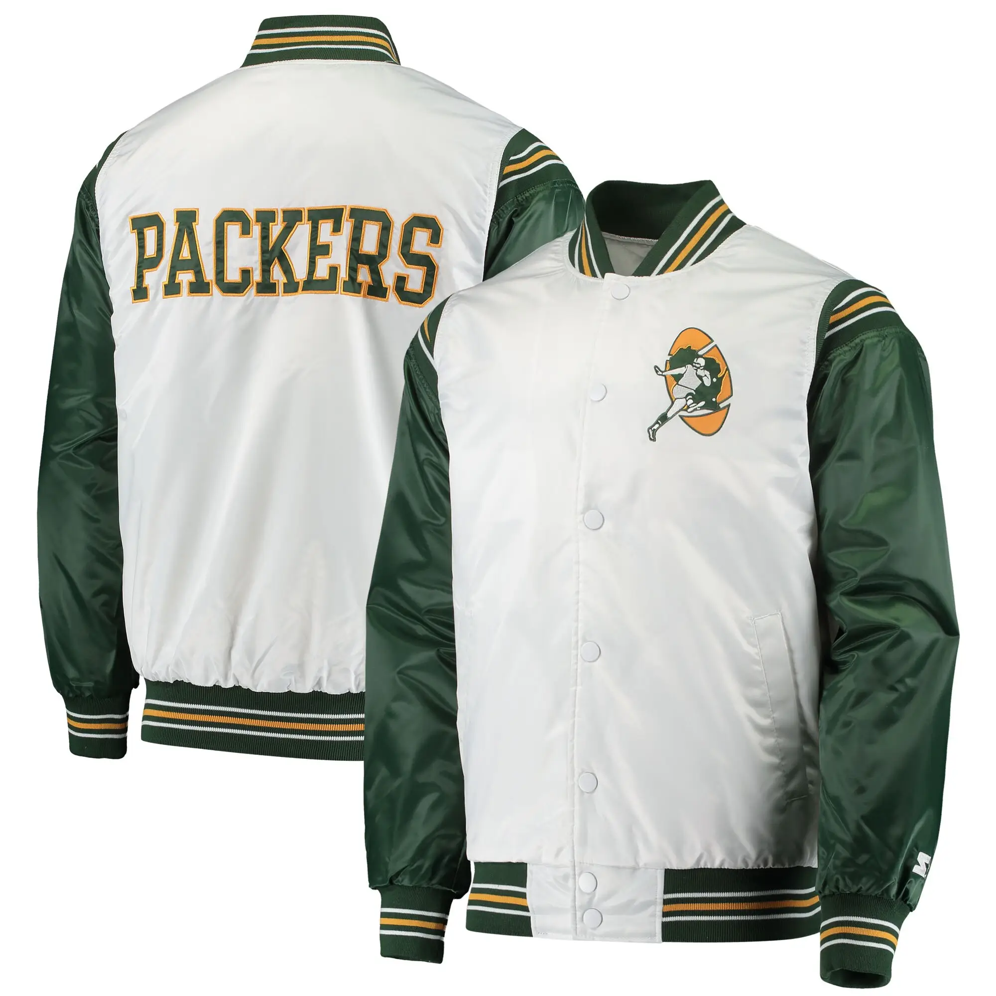 Green Bay Packers The Enforcer Satin White/Green Varsity Jacket - Image 4