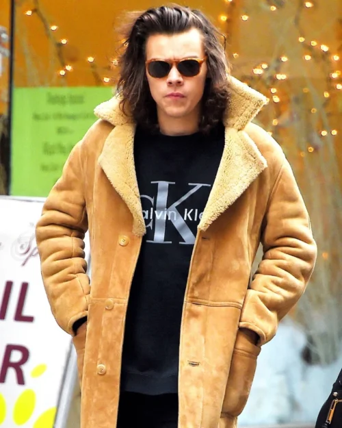 Harry Styles Aviator Suede Shearling Coat