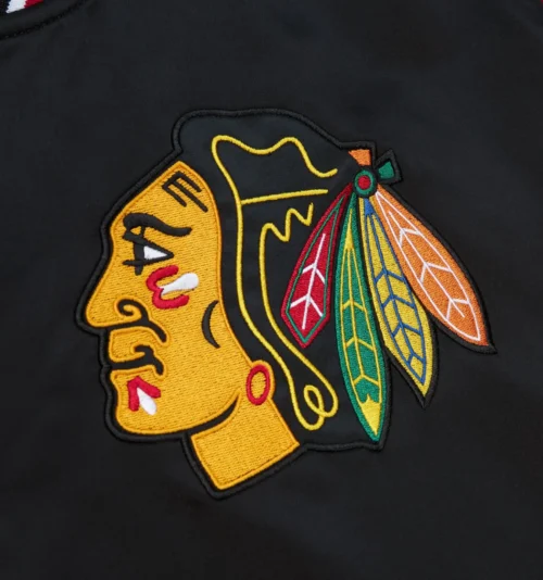 Chicago Blackhawks Cooperstown Heavyweight Full-Snap Black Satin Varsity Jacket - Image 3