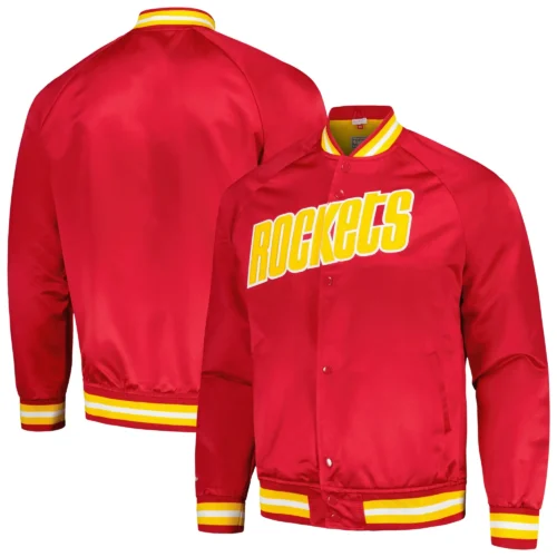 Houston Rockets Throwback Wordmark Red Satin Varsity Jacket - Image 3